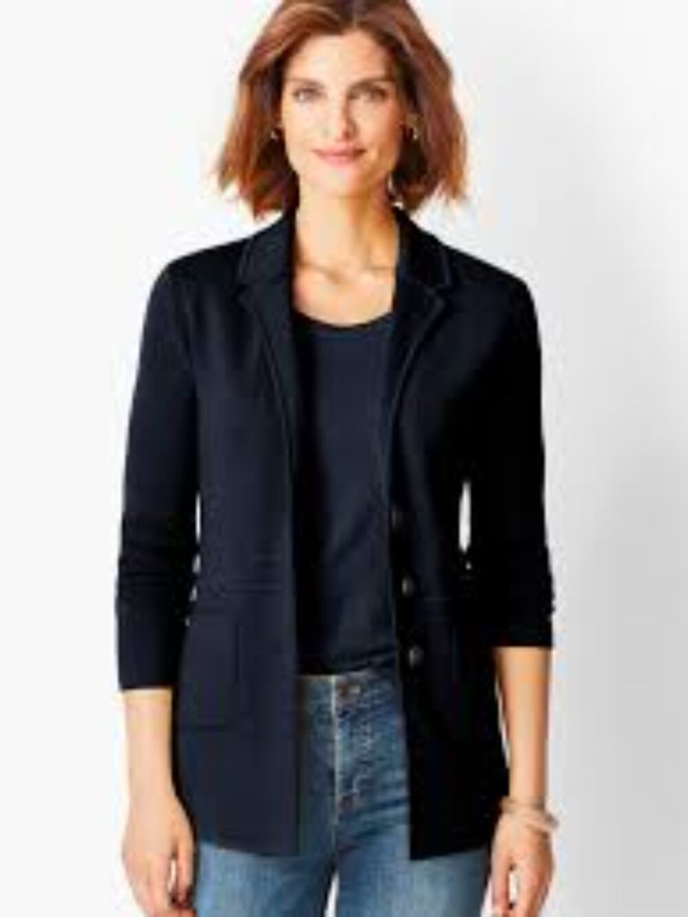 Talbots Extra Fine 100% Merino Wool Sweater Jacket Blazer Jacket Navy Sz Large